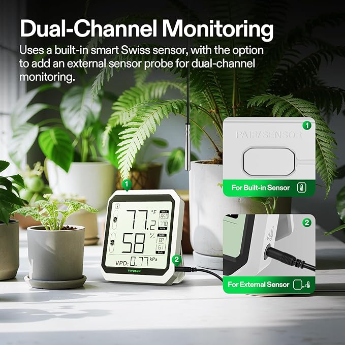VIVOSUN AeroLab THB1S Wireless Bluetooth Hygrometer Thermometer Indoor, VPD, Digital Temp Humidity Meter, LCD Smart App Control & Alert, Data Storage, Dual Channels with Sensor Probe, Battery Included