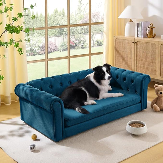 Dog Sofa Couch for Medium to Large Dogs, 55" Memory Foam Pet Sofa Couch with Washable Fabric, Durable Elevated Dog Bed with Legs, Removable Cushion for Medium Dogs, Blue