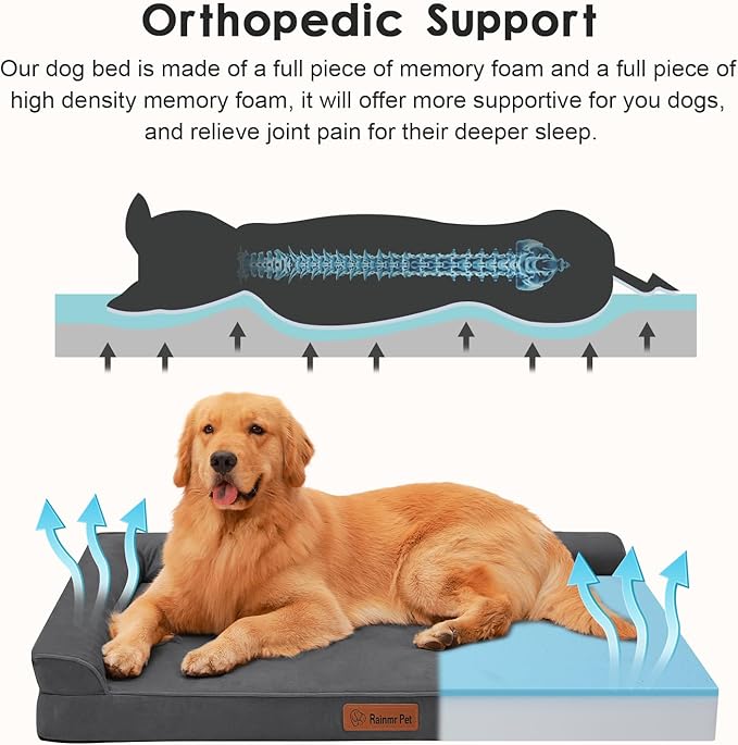 Orthopedic Dog Beds Large Sized Dog, Memory Foam Pet Bed for Large Dogs, Removable and Washable Microsuede Cover, TPU Waterproof Liner, Nonskid Bottom, 44x32x6 Inches, Dark Grey