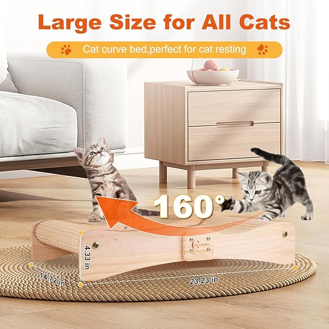 Oroonoko 2-in-1 Natural Sisal Cat Scratcher Bed & Lounge - Large Scratching Post, Cat Hammock Bed, Scratch Pad for Indoor Cats, Non-Tip Wood Base, Modern Cat Furniture, Easy Assembly (Wave Design)