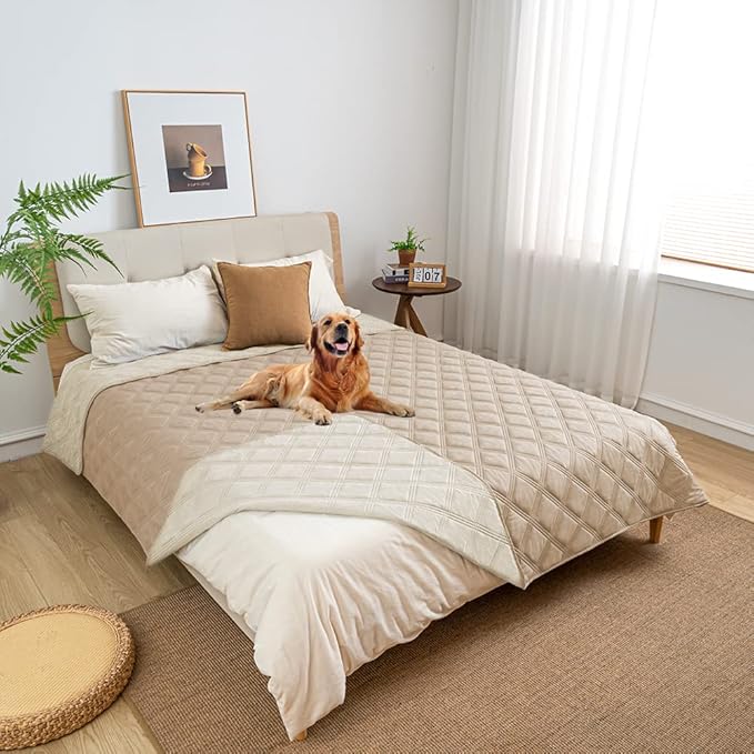 fuguitex Waterproof Dog Blanket, Pet Friendly Reversible Throw Essential for Small Dogs, Tear Resistant Leakproof Washable Couch Cushion Bed Protector Cover for Indoor Furniture（82"*102",Beige+Cream