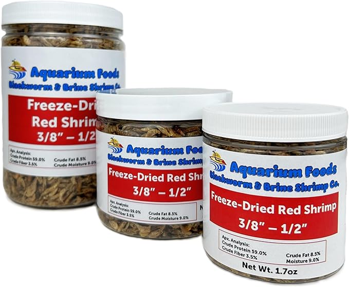 Aquatic Foods Inc. Red River Shrimp - Freeze-Dried 3/8" to 1/2" Red River Shrimp for Cichlids, Koi & Pond Fish, Aquatic Turtles, All Community Tropical Fish, Reptiles, Rodents…5.2oz Lg Round Jar