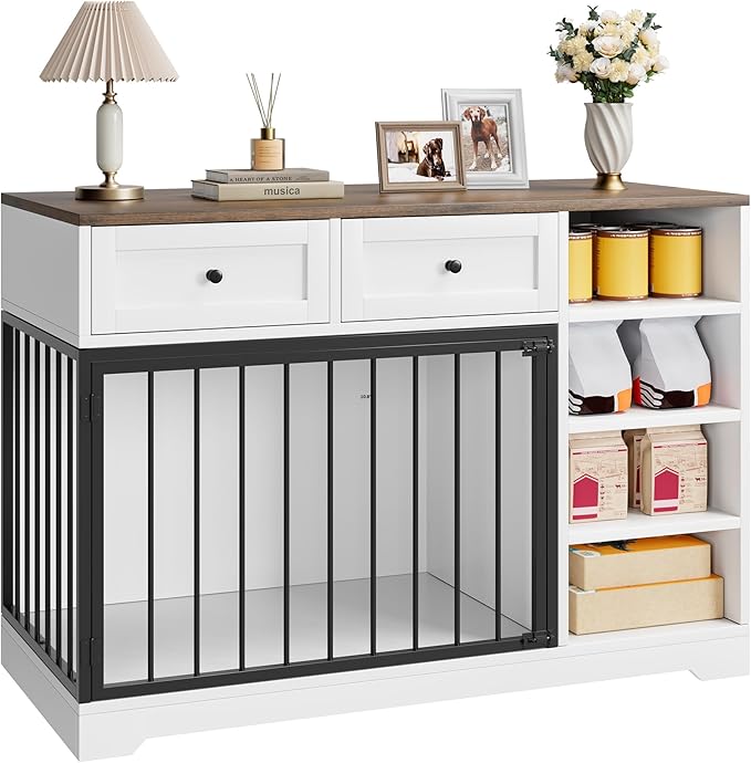 Dog Crate Furniture 47?? Large Dog Crate TV Stand with 2 Drawers and 4 Shelves, Wooden Dog Kennel Indoor, Decorative Dog Cage with Storage for Large Dogs, White