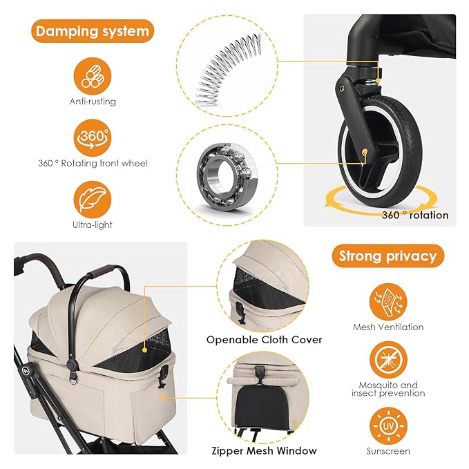 X2 Pet Stroller, Dog Cat Stroller for Small Pets, Equipped with Detachable & One-Click Folding Carrier, Waterproof Pad & Sunshade Canopy,Camel
