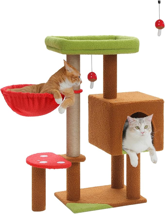 Mushroom Cat Tree with Sisal Scratching Posts, 35.4" Cute Cat Tower Cat Condo w/Large Green Top Perch, Soft Red Hammock, and Mushroom Dangling Ball, for Small-Medium Cats, Brown