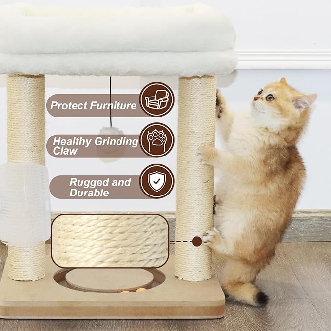 Small Cat Tree Tower Scratching Post with Perch Bed for Indoor Cats and Kittens,Track Ball Hanging Ball Toy Self-Massage Brush Beige