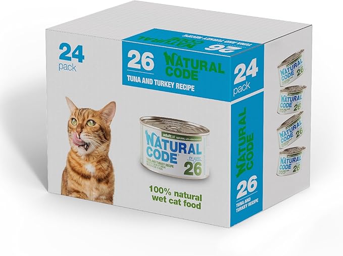 Natural Code Limited Ingredient Wet Cat Food Topper, High Protein, Low Fat, Additive-Free, Non-GMO, No Artificial Colors or Flavors, Tuna & Turkey in Aspic for Adult Cats, 24 Pack of 3oz Cans