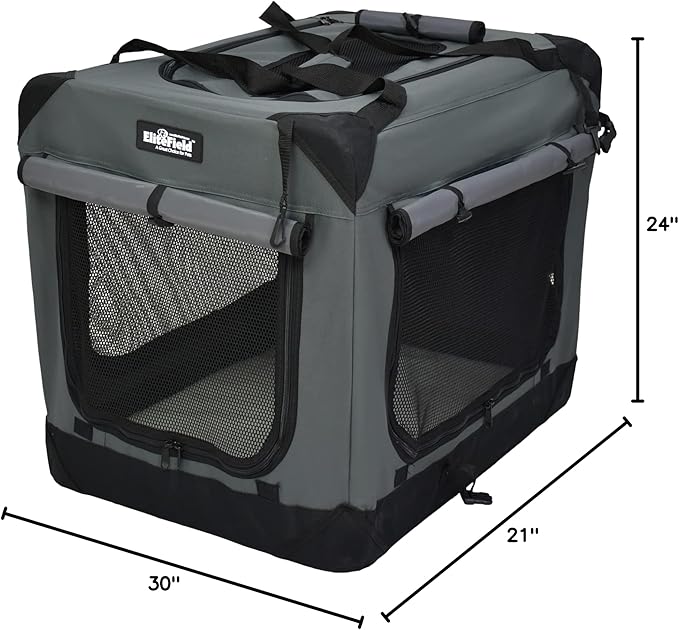 EliteField 4-Door Folding Soft Dog Crate with Curtains, Carrying Bag and Fleece Bed (2 Year Warranty), Indoor & Outdoor Pet Home (30" L x 21" W x 24" H, Gray+4 Door Curtains)