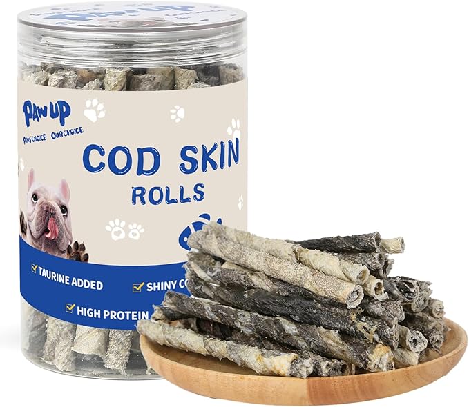 PAWUP Cod Skin Rolls Dog Treats Natural High Omega 3 Dog Snacks, Single Ingredient Cod Skin Chews for Small Dogs w/Taurine, 8 oz