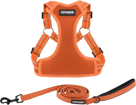 Best Pet Supplies Voyager Mesh Dog Breathable Harness Reflective Stitching, All Weather Adjustable for Walking Training, or Running - Heavy Duty & Durable, Harness Leash Set (Orange), XS