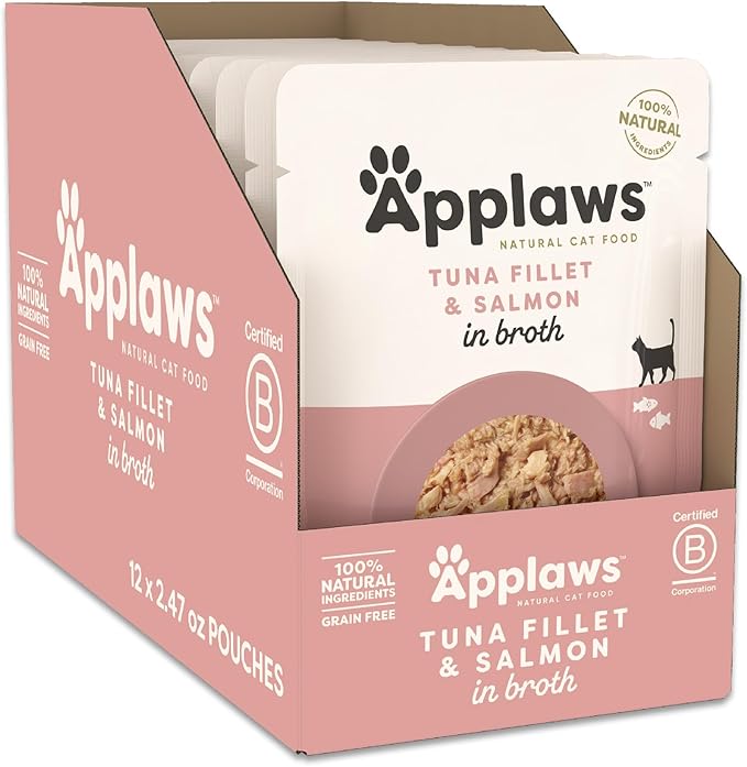 Applaws Natural Wet Cat Food in Broth, Limited and Natural Ingredients, High Protein with No Artificial Additives, Tuna Fillet & Salmon in Broth (12 x 2.47oz Pouches)