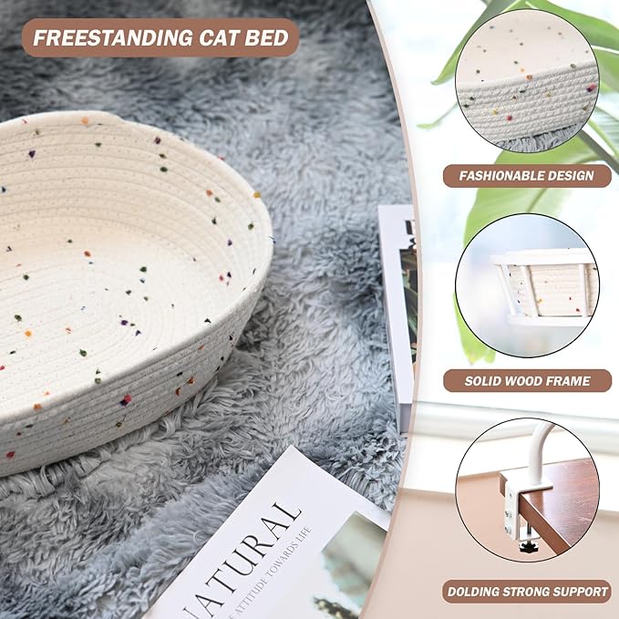 Cat Desk Bed -Space-Saving Cats Hammock for Home Office/Computer Desks, Removable Cotton Cats Nest,Heavy-Duty Metal Frame (White)