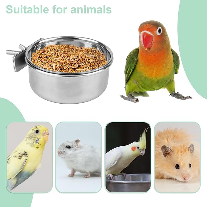 Hypeety Pet Bird Food Feeding and Drinking Hanging Cup Clamp Holder Stainless Steel Hanging Bowl for Parrot Macaw African Greys Budgies Parakeet Cockatiels Conure Lovebirds Finch Pigeon Cage
