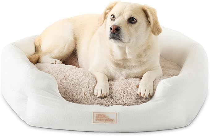 TOWN & COUNTRY EVERYDAY CuddleTown Faux Linen Comfy Cozy Cuddler Pet Bed, Supportive & Calming Egg Crate Foam, Non-Slip Bottom, Machine Washable Cover, Cream, Medium 28"x26"x8"