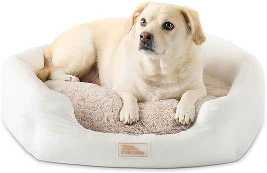 TOWN & COUNTRY EVERYDAY CuddleTown Faux Linen Comfy Cozy Cuddler Pet Bed, Supportive & Calming Egg Crate Foam, Non-Slip Bottom, Machine Washable Cover, Cream, Medium 28"x26"x8"