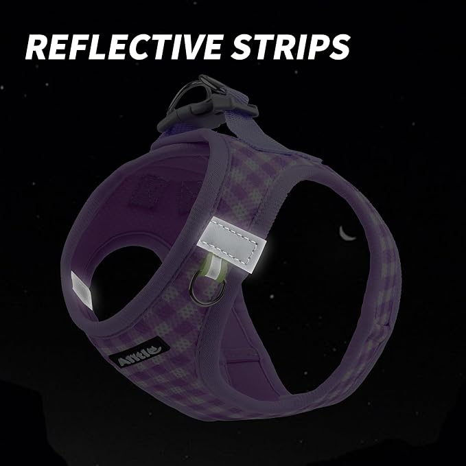 AIITLE Plaid Print Dog Harness Set – Lightweight, Reflective & Adjustable Vest Harness for Puppies – Perfect for Boston Terriers, Maltese & Indoor/Outdoor Use (XS, Purple)