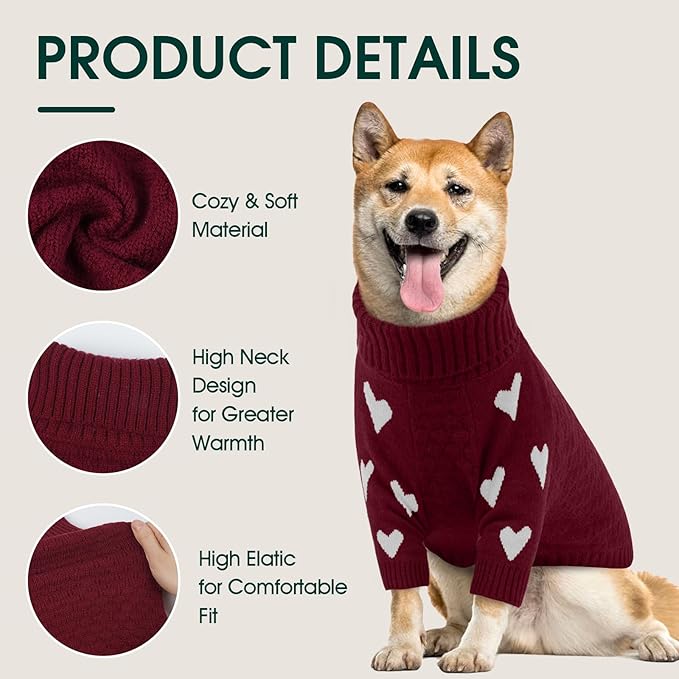 Kuoser Dog Sweater,Soft Small Dog Sweaters Thermal Cable Knit Puppy Sweater, Turtleneck Thick Christmas Pet Sweaters, Cold Weater Doggie Winter Clothes Dogs Outfit Girl Boy for Fall Xmas,Red S