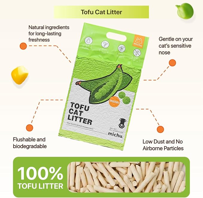 Michu Tofu Cat Litter Natural Clumping Tofu Cat Litter, Fast Clumping and Easily Scoop-able 5.5lb/88oz 5 Scents - Peach, 6 Pack