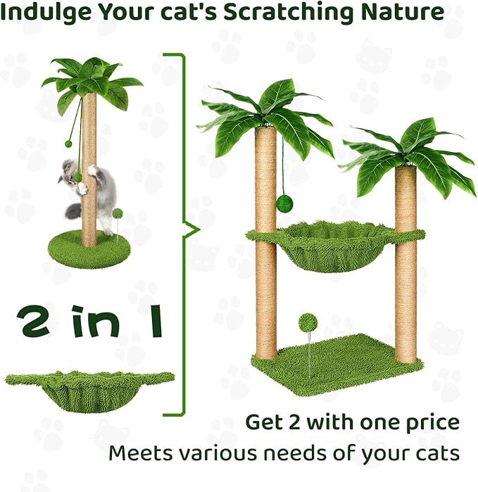 Dohump Cat Tree with Hammock and Premium Sisal Scratching Post,Activity Dangling Ball and Spring Ball for Indoor Kittens/Cats