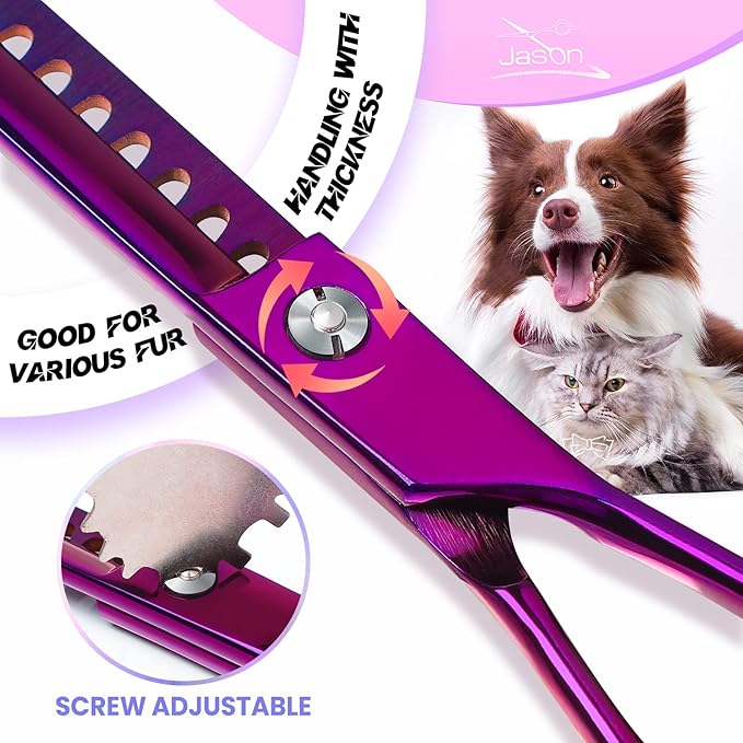 JASON Professional 6 in 1 Dog Scissors Kit - Straight, Thinning, Chunker, Curved Shears and Comb for Long Short Hair and Cat