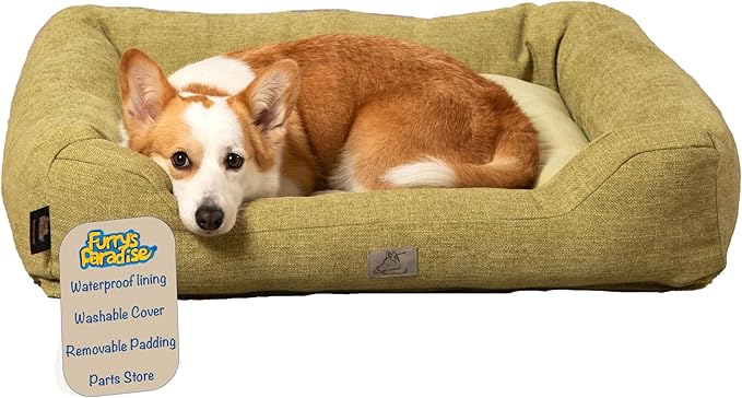 Furry's Paradise Cuddler Waterproof Bolster Pet Bed with Recycled Fibers and Non-Slip Bottom. (Olive Green, Small)