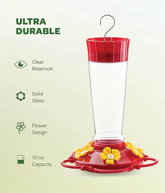 Hummingbird Feeder 10 oz Plastic Hummingbird Feeders for Outdoors, with Built-in Ant Guard - Circular Perch with 5 Feeding Ports - Wide Mouth for Easy Filling/2 Part Base for Easy Cleaning