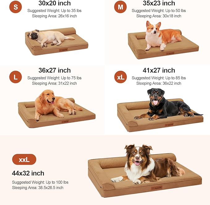 Orthopedic Dog Beds Large Sized Dog, Memory Foam Pet Bed for Large Dogs, Removable and Washable Microsuede Cover, TPU Waterproof Liner, Nonskid Bottom, 44x32x6 Inches, Khaki
