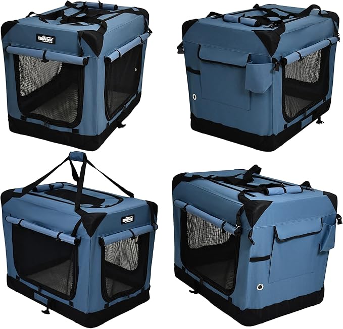 EliteField 4-Door Folding Soft Dog Crate with Curtains, Carrying Bag and Fleece Bed (2 Year Warranty), Indoor & Outdoor Pet Home (20" L x 14" W x 14" H, Blue Gray+4 Door Curtains)