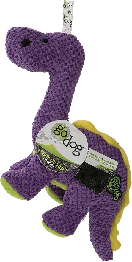 goDog Dinos Bruto Checkers Tough Plush Toy with Chew Guard Technology, Durable Checkered Fabric & Squeaker for Active Play, Purple, Large