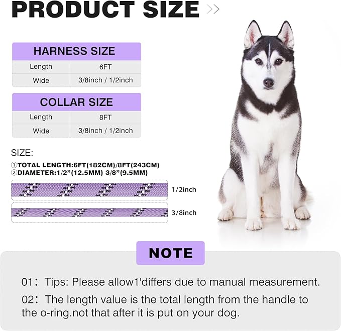 Lynxking No Pull Rope Dog Harness No Pull Reflective Leash Harness Collar 3 in 1 Dog Halter Harnesses Adjustable for Large Giant Dog (Light Purple, Small 3/8 inch)
