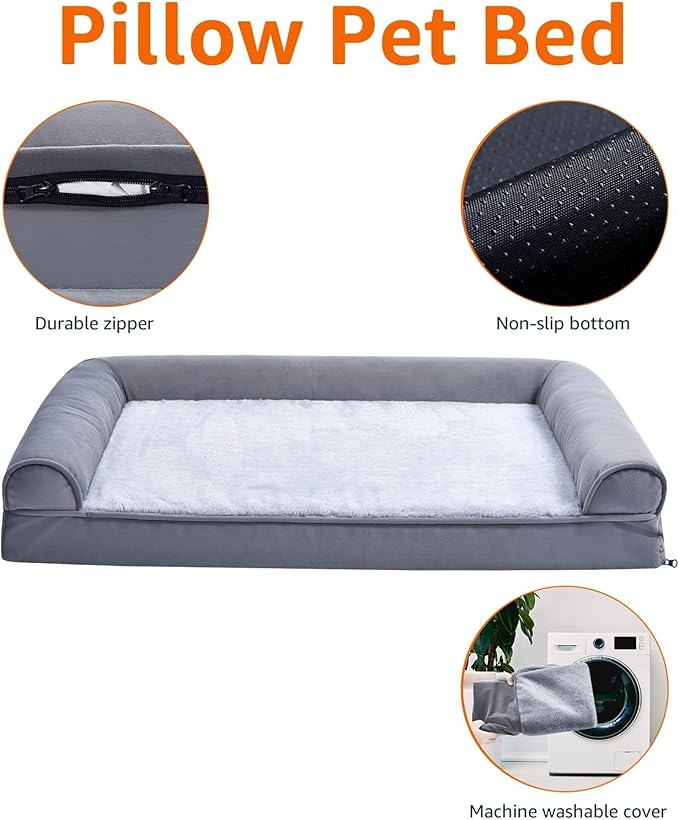 Amazon Basics Living Room Couch Dog Bed with Premium Foam, Pressure-Relief Support for Dogs up to 55lbs, Machine Washable Cover, Large Sized (36" x 27"), Grey