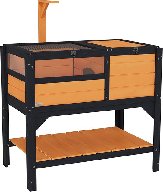 PawHut Tortoise Habitat with Shelf Storage, Tortoise Enclosure with Weather Protection, Reptile Enclosure with Tray, Light Support Frame, Yellow