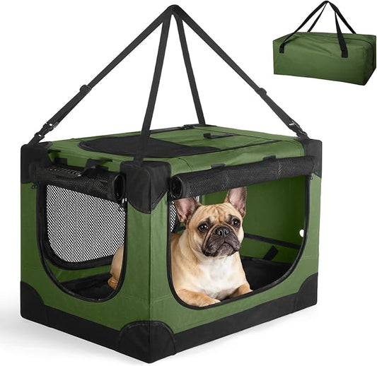 Soft Small Dog Crate - 24 inch Portable Travel Puppy Crate for Small Pets or 2 Cats, Collapsible Pet Carrier with 4 Mesh Doors, Car Kennel for Dogs with Handle for Indoor and Outdoor, Green
