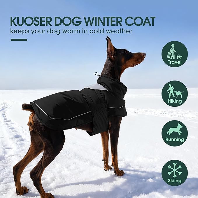 Kuoser Dog Jacket, Dog Coats for Medium Dogs, Warm Pet Winter Coat Jacket, Adjustable Fleece Pet Puffer Vest, Windproof Waterproof Doggie Raincoat Snowsuit Outfits with Reflective Strips