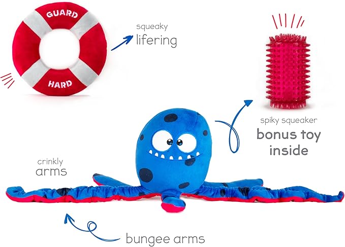 Octopus Dog Toy Set | 3-in-1 Interactive Play: Squeaky Plush with Crinkly Bungee Arms & Durable Life Ring - Large Spiky Squeaker Inside - Small to Large Dogs