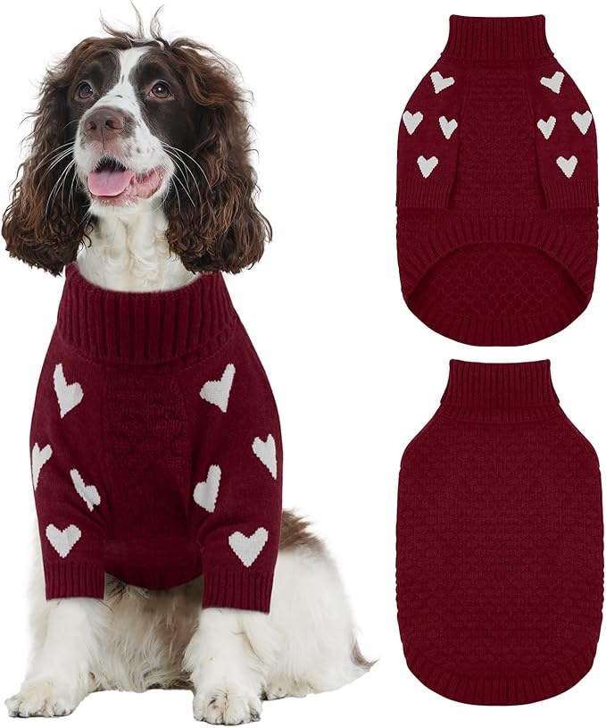 Kuoser Dog Sweater,Thermal Knitted Large Dog Sweaters,Turtleneck Thick Pet Holiday Sweater Dogs Christmas Outfit,Cold Weather Pet Winter Clothes Doggie Knitwear Girl Boy for Fall Xmas,Red L