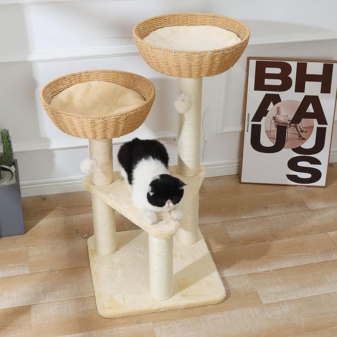 SHENGOCASE Cat Tree Tower with Rattan Wicker Basket, 2 Handwoven Large Nest Baskets Bed, Window Perch for Large Cats up to 20LBS