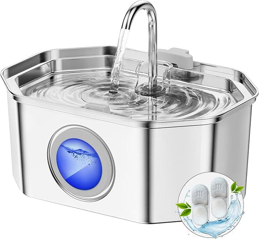 Cat Water Fountain Stainless Steel 108oz/3.2L, APAUK Automatic Pet Fountain Dog Water Dispenser with Water Level Window, Quiet Cat Fountain for Drinking, Inside with Replacement(2 Filters&2 Sponges)