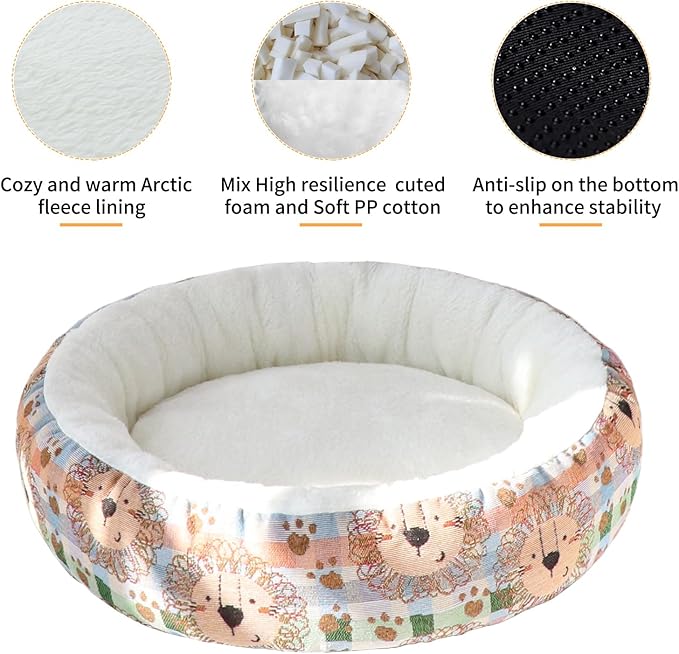 Circular Calming Dog & Cat Bed Anti-Anxiety Washable with Anti Slip Backing Donut Cuddler with Cute Jacquard Patterns for Cat and Small Puppy (Small-23in, Lion)
