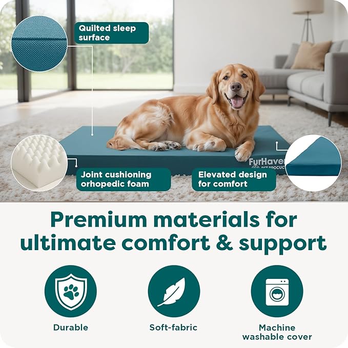 Furhaven Water-Resistant Orthopedic Dog Bed for Large Dogs w/ Removable Washable Cover, For Dogs Up to 95 lbs - Indoor/Outdoor Logo Print Oxford Polycanvas Mattress - Deep Lagoon, Jumbo/XL