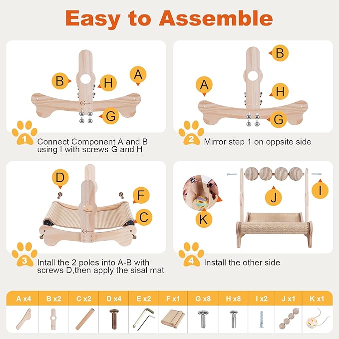 Oroonoko 4-in-1 Cat Scratcher Bed with Scratching Balls & Bells, Large Sisal Scratching Post, Cat Hammock Bed for Indoor Cats, Anti-Tip Wood Base, Cat Bed & Scratch Pad for Large Cats up to 50 lbs