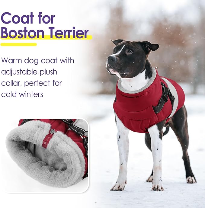 SUNFURA Dog Coat, XXXL Dog Jacket Winter with Harness Built in, Waterproof Pet Snow Jacket with Furry Collar for Chilly Day, Reflective Fleece Snowsuit for Extra Large Dogs, Burgundy 3XL