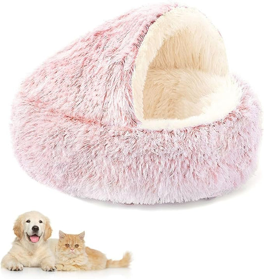 Plush Fluffy Dog and Cats Round Bed – Ultra-Soft Faux Fur Pet Shell Nest with Raised Bolster Edge, Self-Warming Calming Nest for Small to Large Pets (Pink, Large（26”）)
