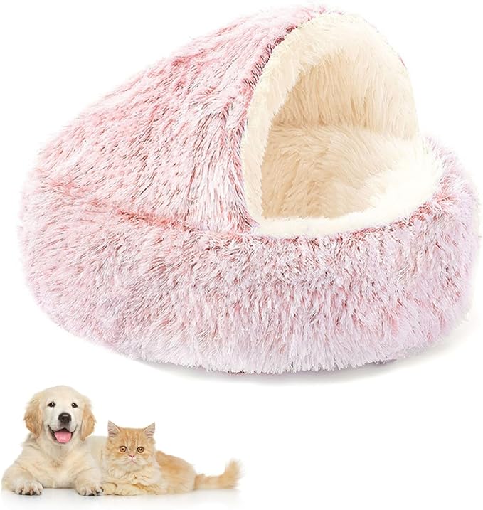 Plush Fluffy Dog and Cats Round Bed – Ultra-Soft Faux Fur Pet Shell Nest with Raised Bolster Edge, Self-Warming Calming Nest for Small to Large Pets (Pink, Medium（20“）)
