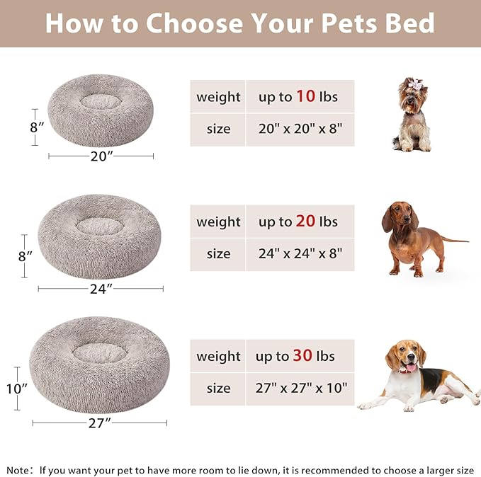 WNPETHOME Calming Dog Bed & Cat Bed, Anti-Anxiety Donut Small Dog Bed, Fluffy Faux Fur Cats Cushion Puppy Bed for Small Pets and Cats (24 x 24 inch, Light Coffee)