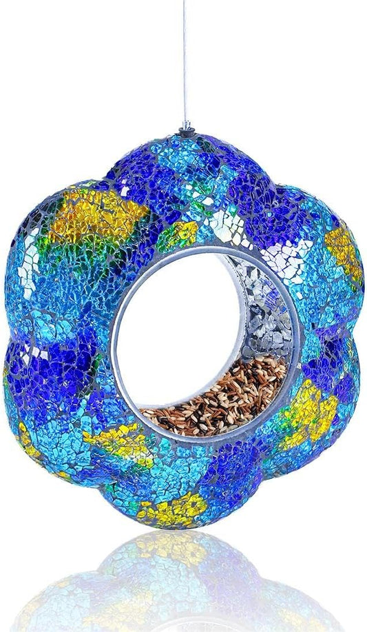 VOREEN Mosaic Bird Feeder, Fly Through Bird Feeders for Outdoor Hanging, Handmade Glass Wild Bird Feeder, for Garden Yard Backyard Deck and Porch, Gift for Mom Wife Friend, Blue Flower, 8"