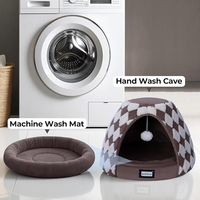 BALANCE Cat Beds for Indoor Cats, 2-in-1 Cat Bed Cave with Anti-Slip Bottom and Ultra-Soft Plush, Cozy Cats House Tent for Kittens and Small Dogs, 21 Inches, Dark Brown