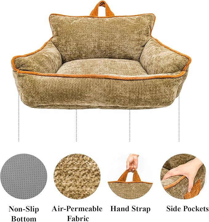 Large Orthopedic Dog Sofa Bed with Sides, Carry Handle & Side Pockets .Plush Chenille Orthopedic Pet Bed Couch for Large Dogs.Portable Snuggler for Indoor Use, Travel & Recovery(Brown)