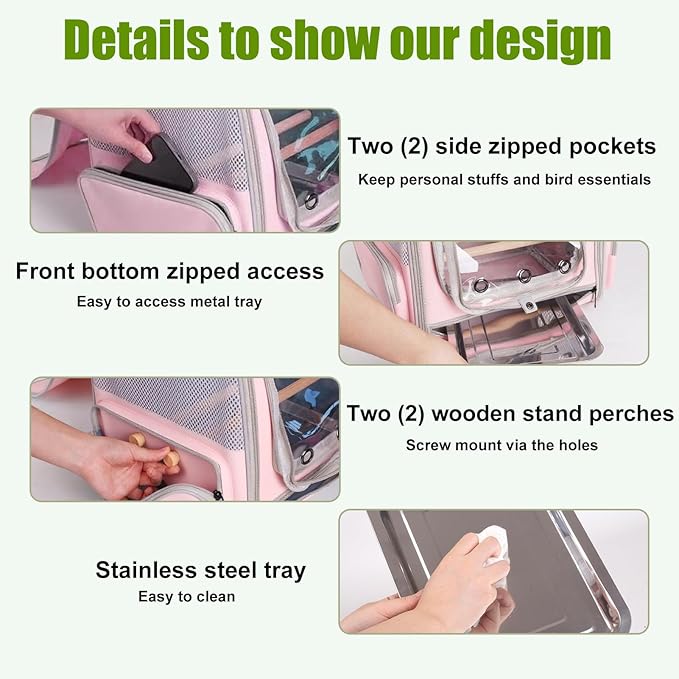 Parrot Carrier Backpack with Front Zipper Opening, Bird Travel Carrier Cage with Standing Perches and Metal Tray, Breathable Portable Transport Bag for Parakeet, Budgie, Conure, Cockatiel, Parrot