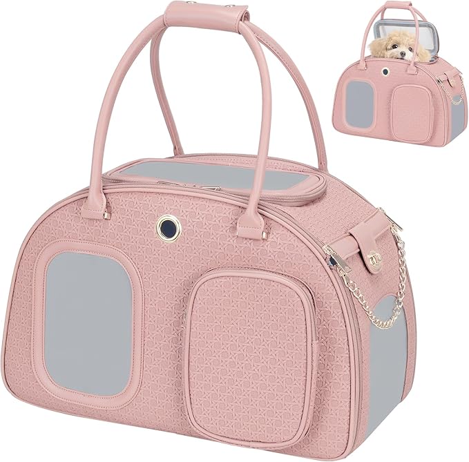 Stylish Luxury Dog Carrier Purse for Small Dogs, Ventilated Pet Soft-Sided Dog Cat Carrier Travel Tote Bag for Puppies Small Animals with Pockets (Pink, 16.9inch x 9inch x 11.8inch(LxWxH))